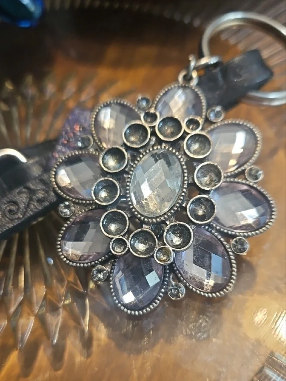Handmade Genuine Leather Tassel Keychain Purse Charm w Crystal Flower Accent NEW